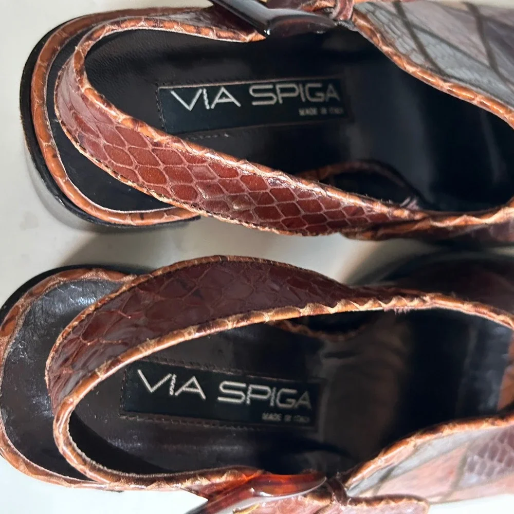 Y2K Via Spiga Patchwork Snakeskin Slingback Block Heel Sandal Brown Size 7 Italy